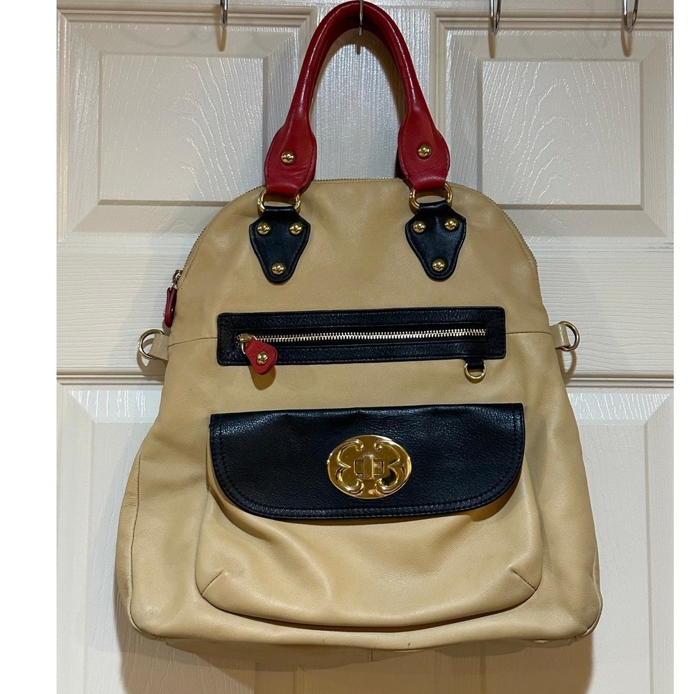 Emma Fox Leather Colorblock Satchel Backpack Beige‎ Black Red Gold Turn Lock